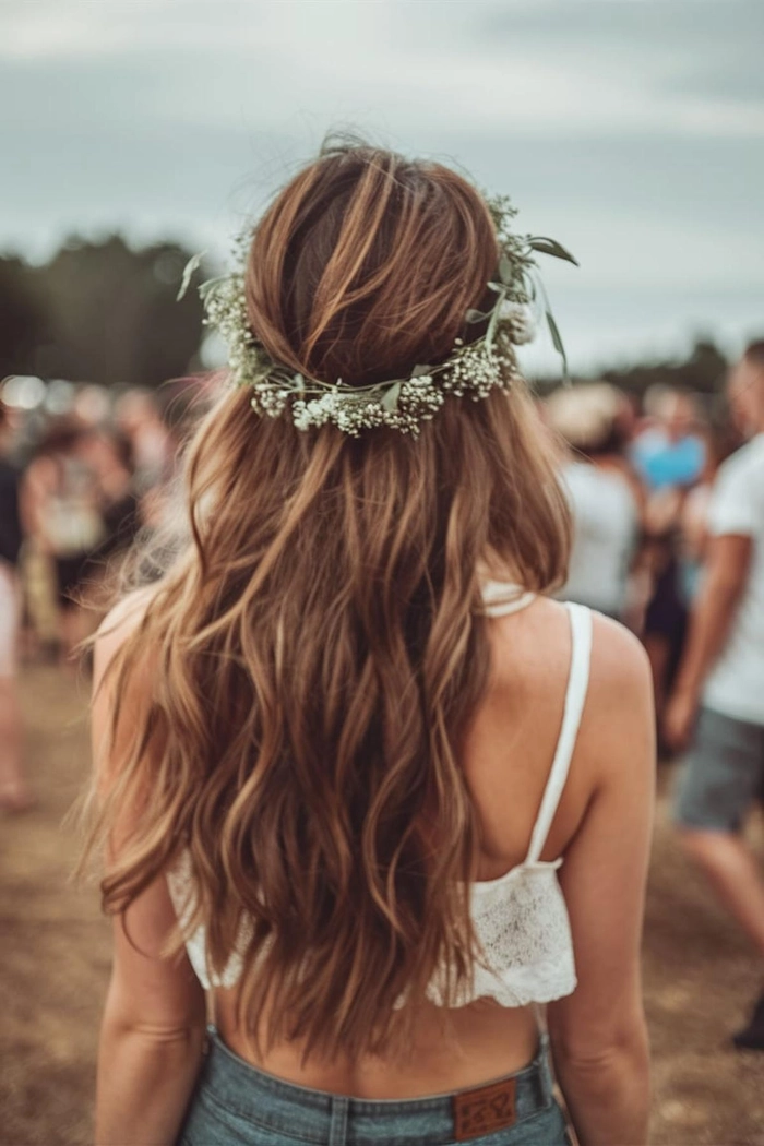 Country music festival hairstyle idea: braided updo with a western hat A woman with a braided updo and a cowboy hat at a country music festival