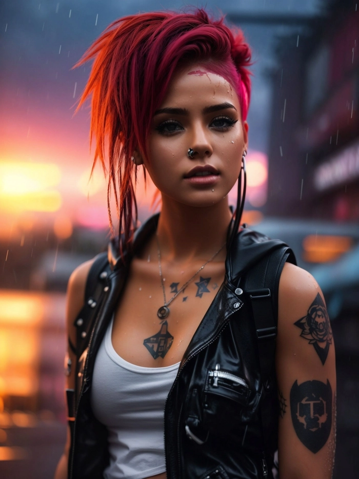 Cyberpunk festival hairstyle: neon-colored faux hawk with metallic accessories and glowing accents A festival-goer with a vibrant cyberpunk hairstyle, featuring a neon pink and blue faux hawk trimmed with metallic chains and LED hair clips