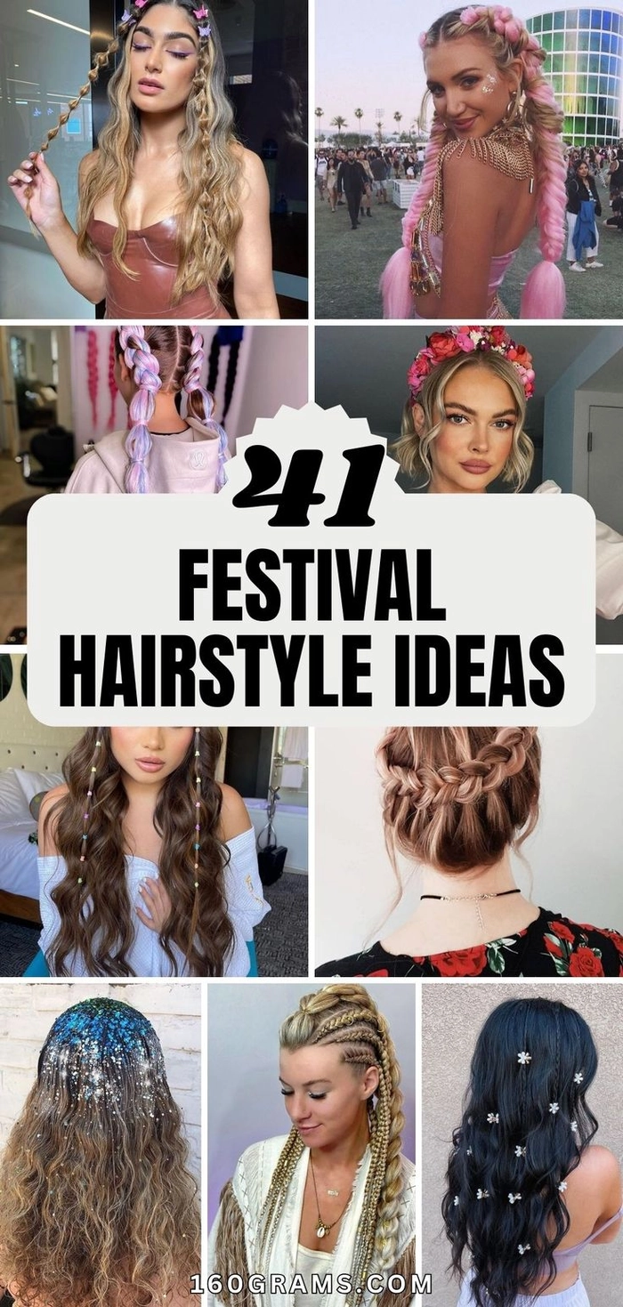 Braided desert festival hairstyle with golden hair accessories and loose waves
