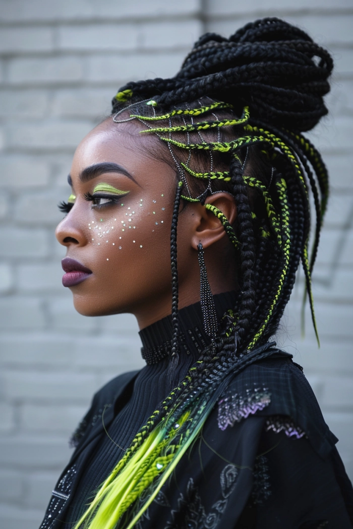 Model with sharp angled undercut and neon hair streaks at a music festival