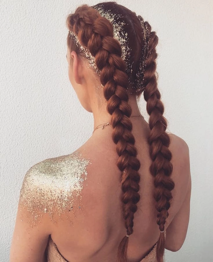 Edgy EDM festival hairstyle with neon hair extensions and glitter roots