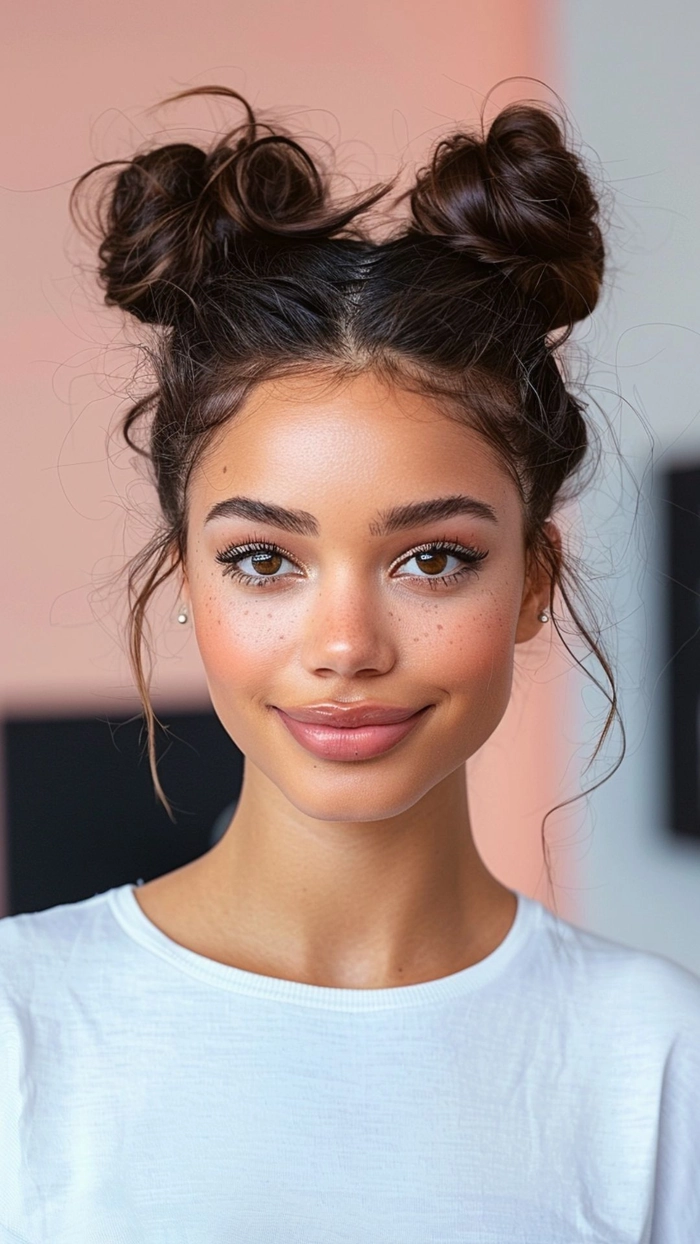 Festival bun hairstyle with braided accents and floral decorations