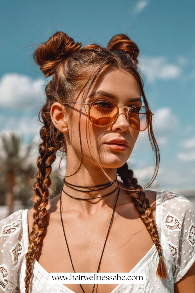 Festival bun hairstyle with braided accents and decorative pins