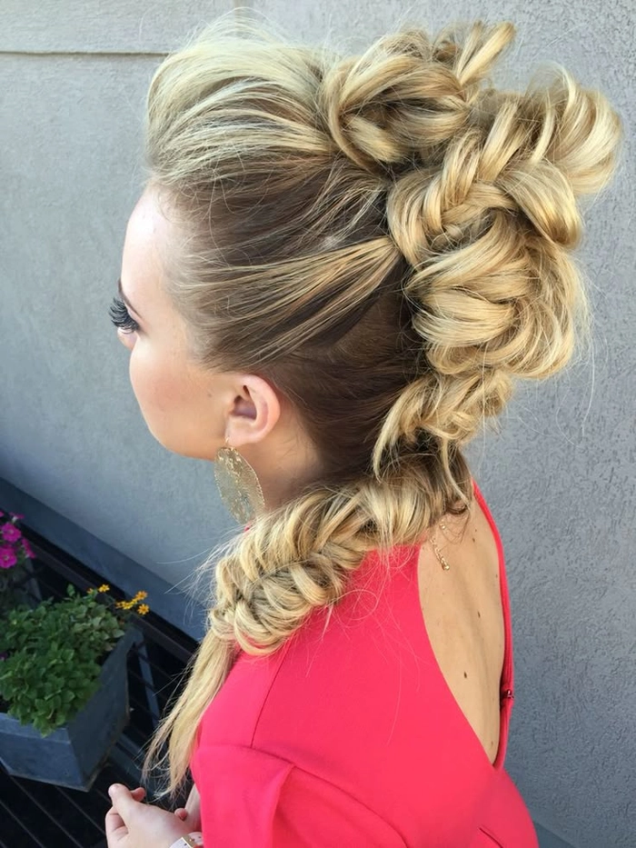 Edgy festival faux hawk hairstyle with braided sides and colorful festival accessories Woman with a bold festival faux hawk hairstyle decorated with glitter and temporary hair color