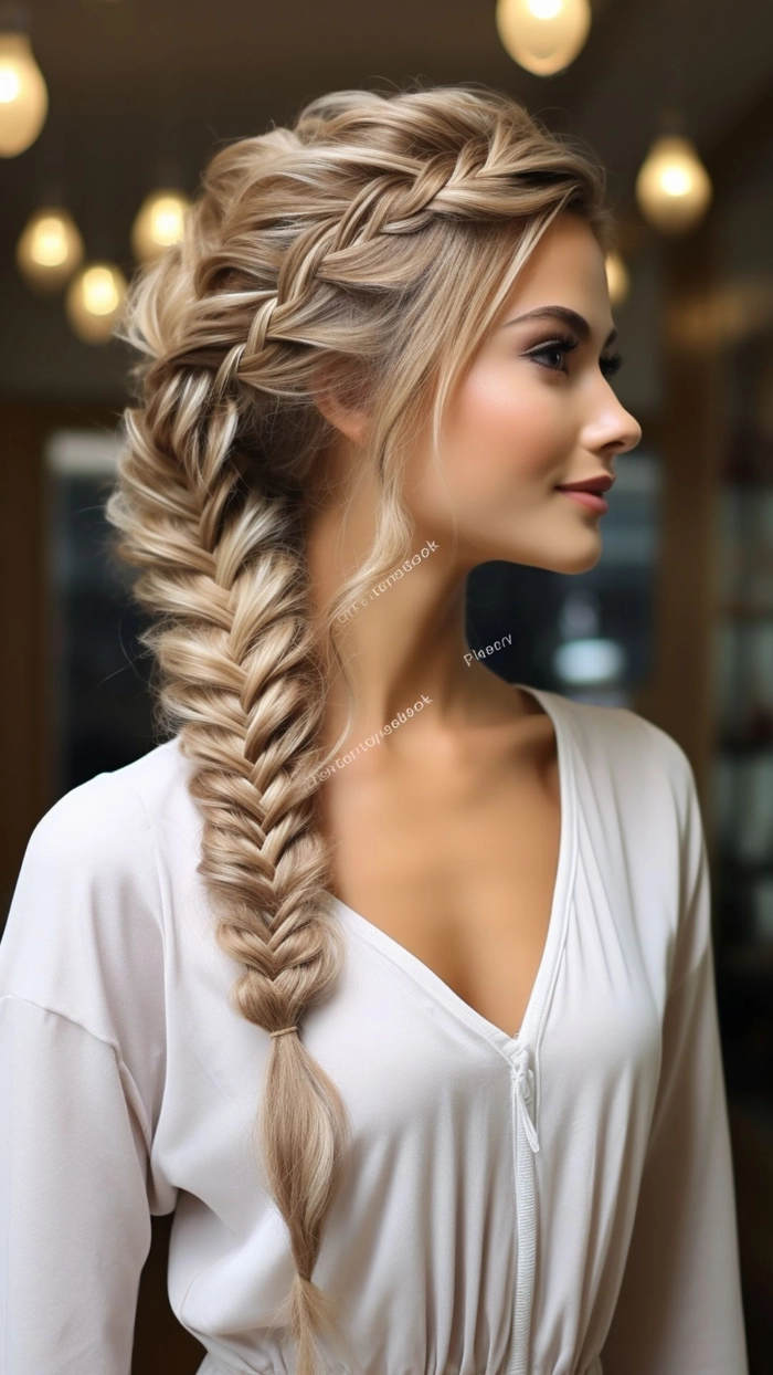 Festival fishtail braid hairstyle with loose waves and small floral accents