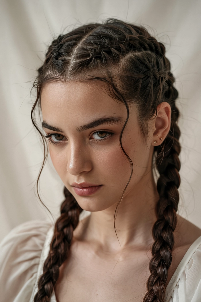 Festival French braid hairstyle with floral accents for a boho music festival look