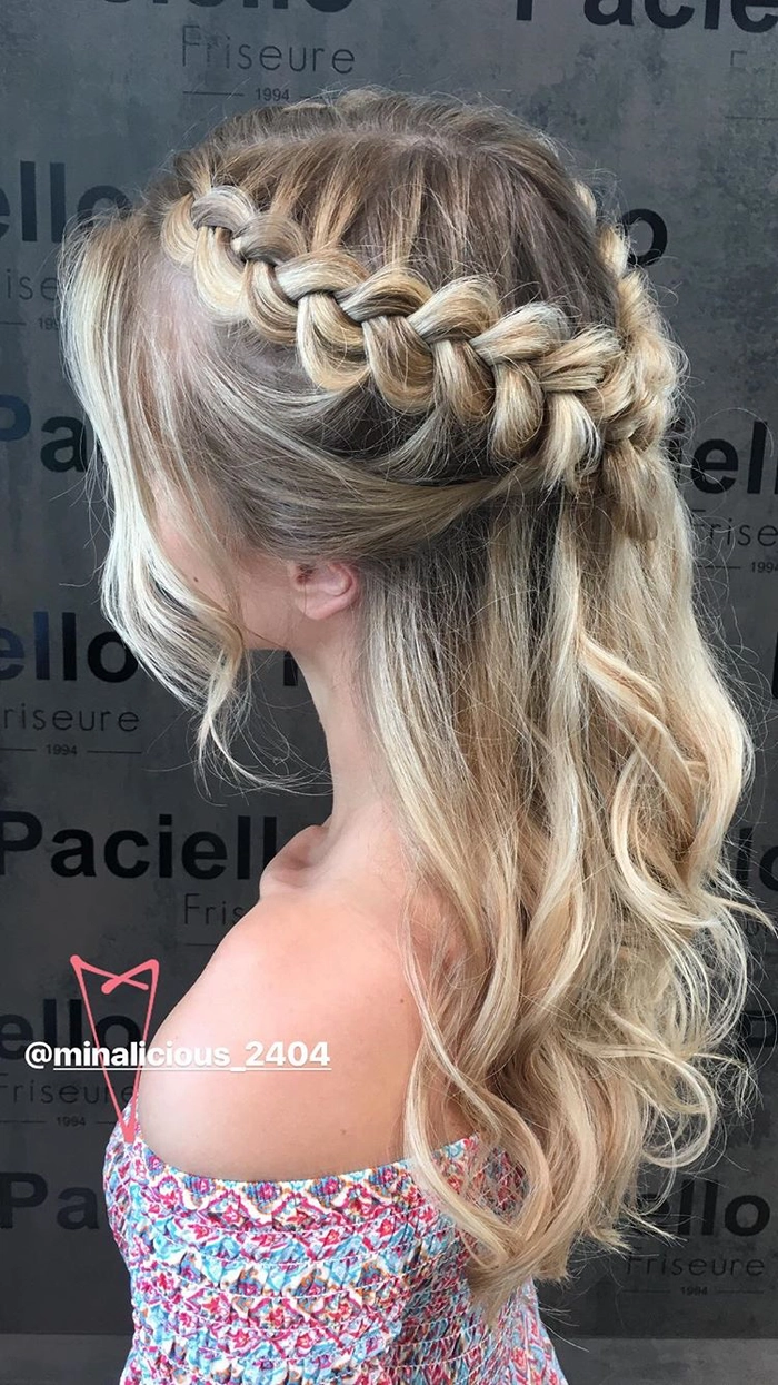 A festival-ready French braid hairstyle with colorful ribbons woven through the braid
