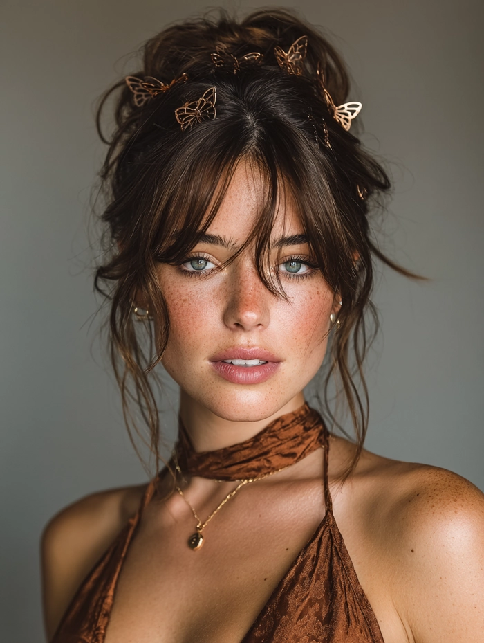 Festival hair accessory featuring metallic butterfly clips Festival hairstyle with butterfly clips and cascading curls
