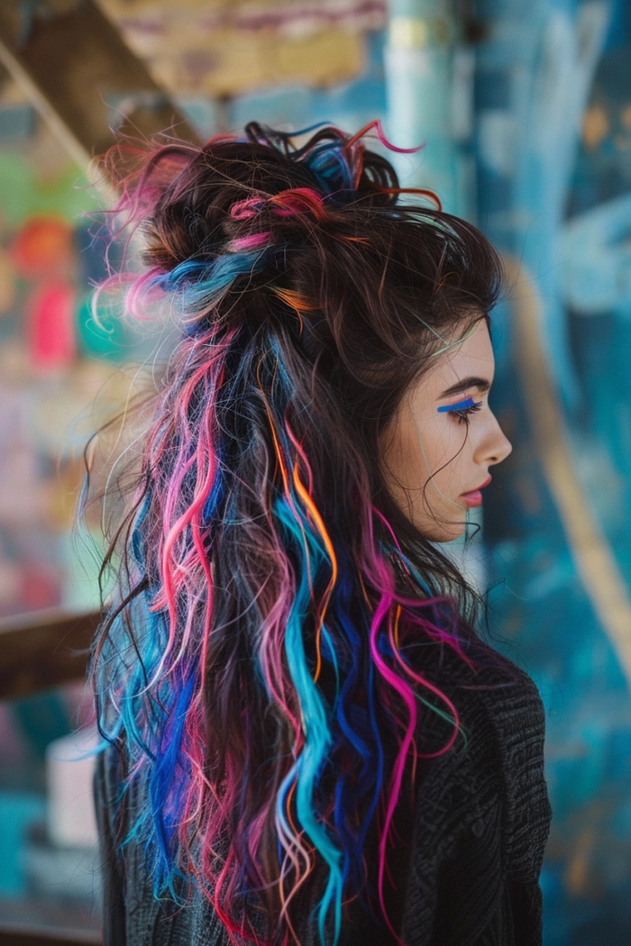 Festival hairstyle with colorful spray paint accents for a fun and festive look