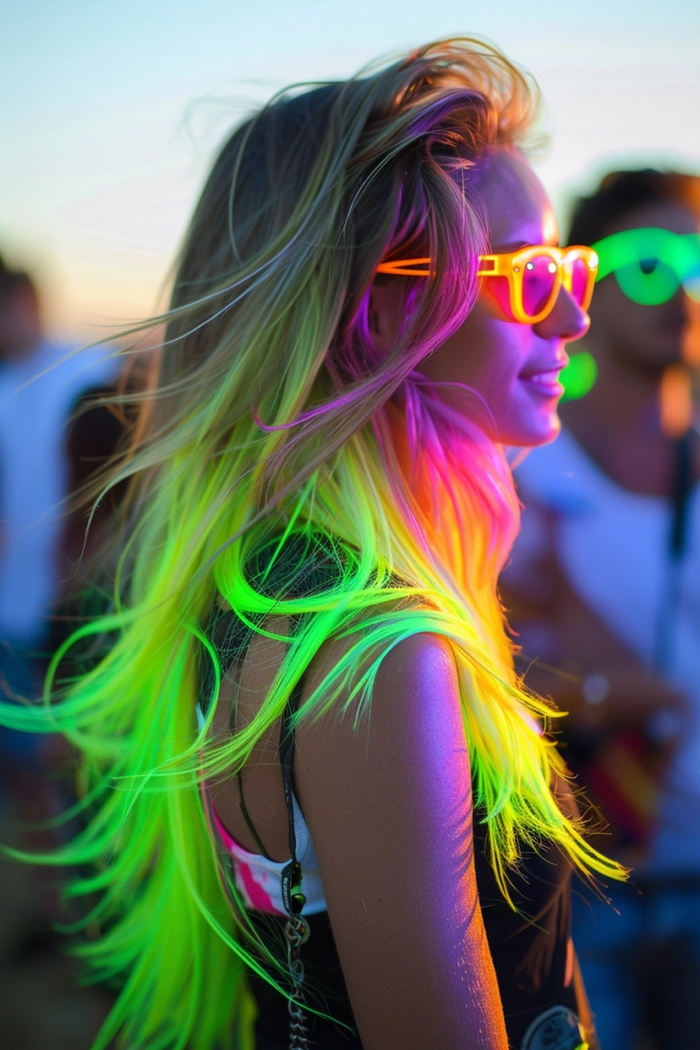 A woman with a festival hairstyle featuring vibrant colored spray accents