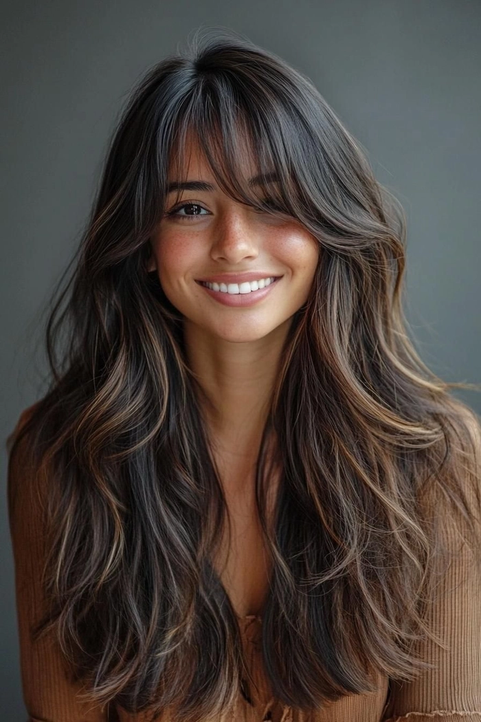 Festival hairstyle with curtain bangs and braided accent for outdoor music event Woman with beachy waves and curtain bangs accessorized with flower crown for festival look