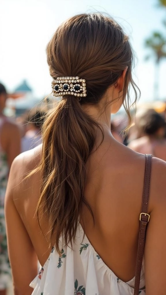 Festival hairstyles for long hair with braided crown and floral accents