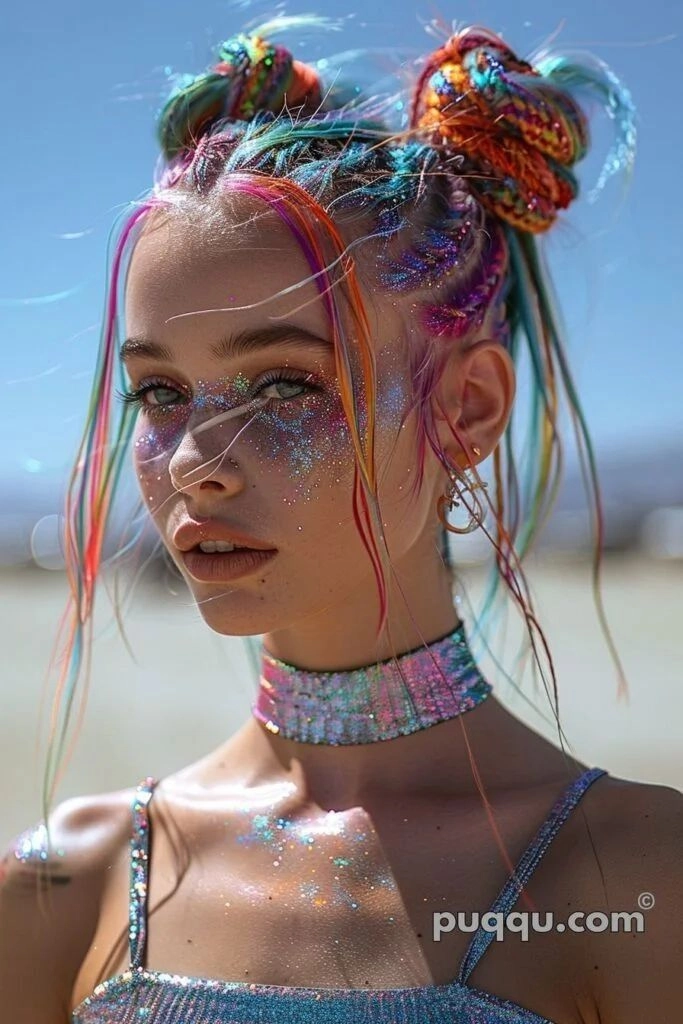Woman with vibrant rainbow hair chalk in a trendy festival updo