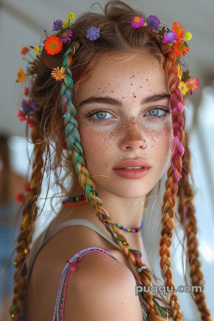 Vibrant festival hairstyle with rainbow hair chalk colors