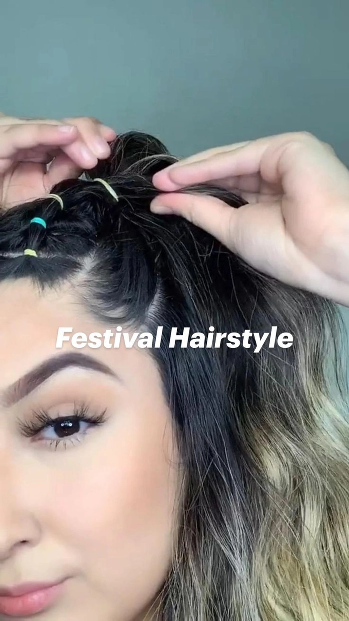 Bright festival hairstyle with colorful hair chalk streaks