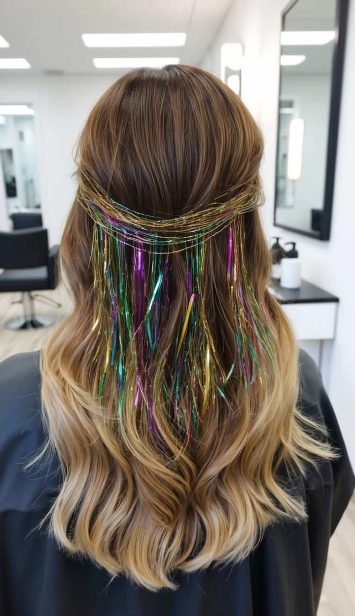 Festival hairstyle with shimmering hair tinsel woven through braids
