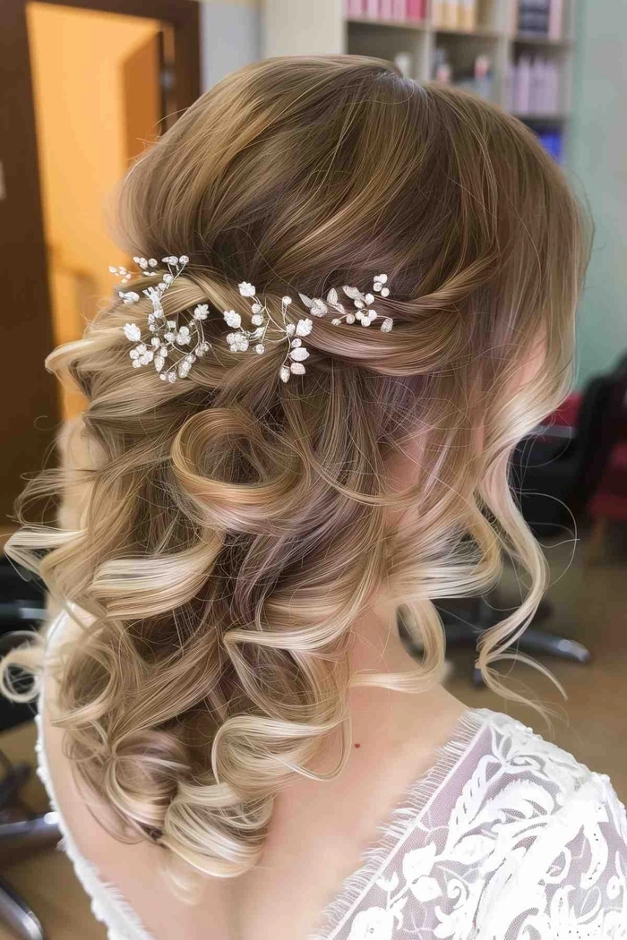 A woman with medium length hair styled in a braided half-updo with flowers for a festival