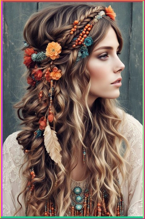Festival hairstyle for natural black hair featuring a bold afro puff with bohemian accessories Woman with a voluminous afro puff adorned with colorful beads and floral clips for a summer festival