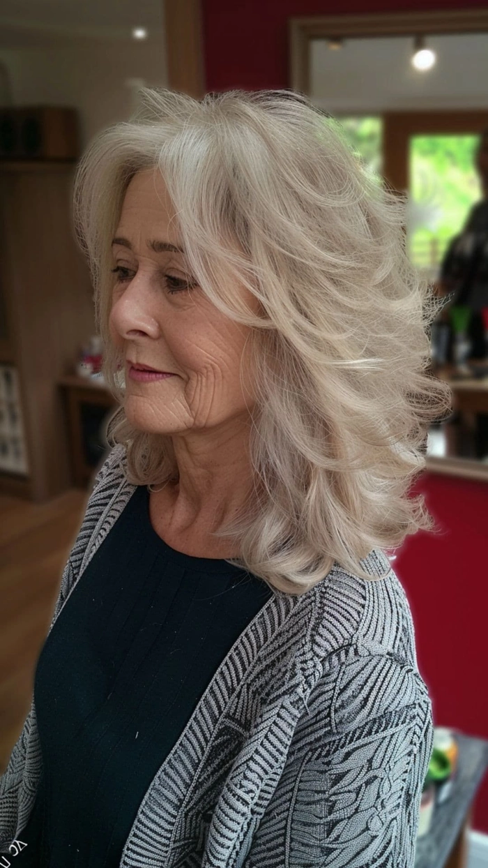 Festival-ready elegant updo for older women with shimmering hair accessories