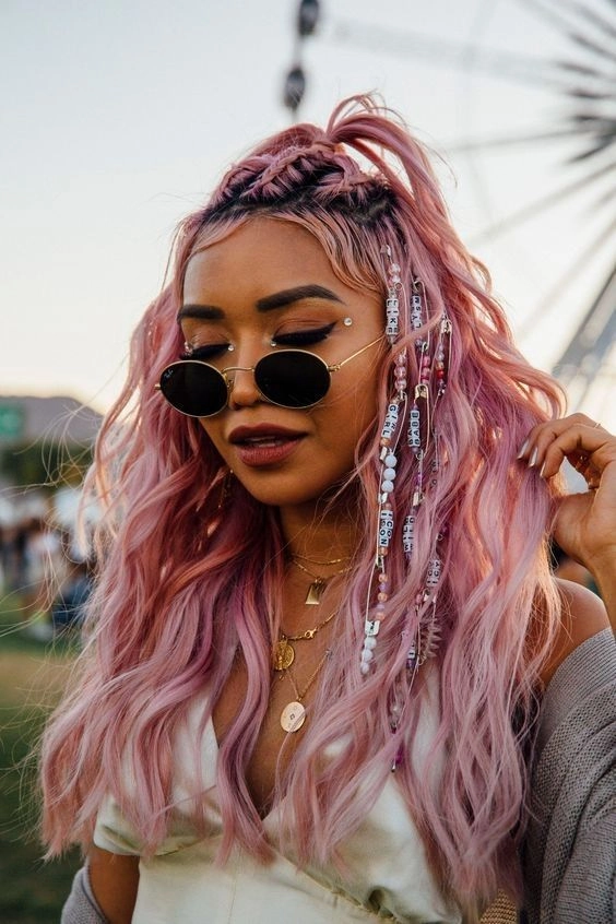 Festival Ombre Hairstyle with Wavy Texture and Flower Crown Festival hairstyles with ombre hair cascading in waves and floral accents