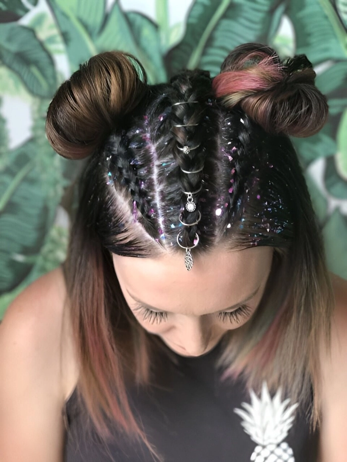 Festival braided updo for short hair with flowers