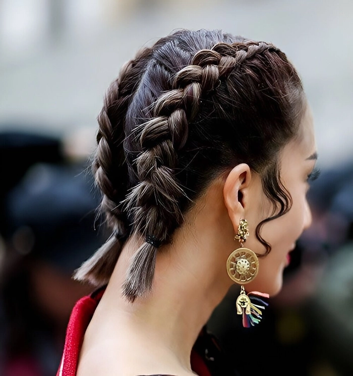 Festival hairstyles for short hair featuring colorful braids and glitter accents