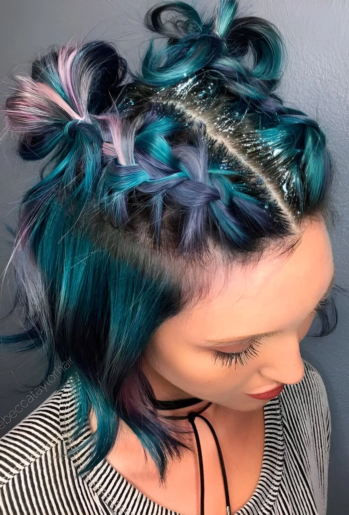 Festival-ready short hair with sparkling accessories and braided accents