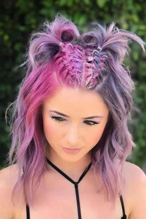 Festival Hairstyles: Braided Updo with Temporary Color Tips Boho braided updo with bright pink and blue temporary color streaks