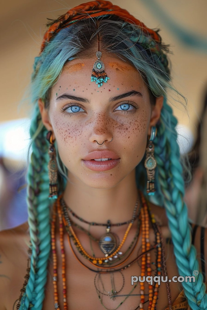 Festival hairstyle ideas using temporary color for a bold, vibrant look Festival hairstyle with intricate braids and streaks of temporary purple and blue color