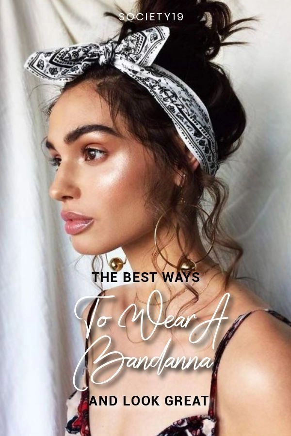 Festival hairstyle with bandana - braided crown and flowing curls for summer music events Woman with a bandana tied in a festival hairstyle, braids and boho waves visible