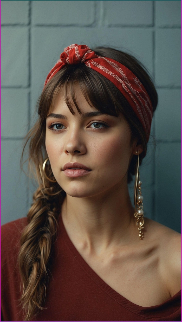 10 - Festival Hairstyles with Bandanas: Creative Updo with Colorful Headband Festival hairstyles with bandanas, showing a creative updo with a colorful bandana tied as a headband