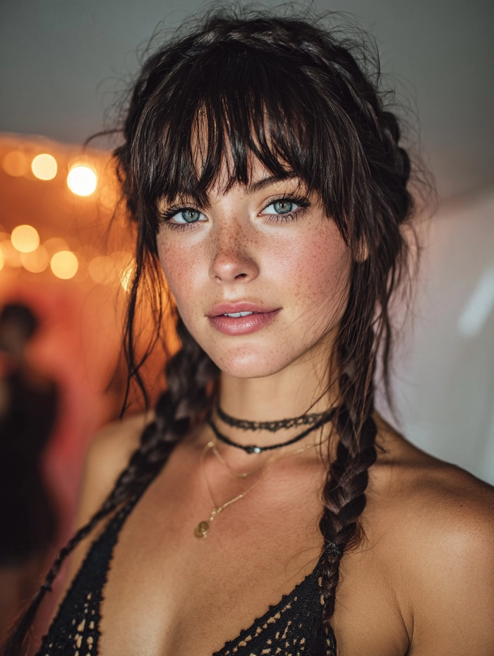 Festival hairstyle with bangs: effortless boho chic for summer adventures Festive festival hairstyle with side-swept bangs and braided accents for a bold look