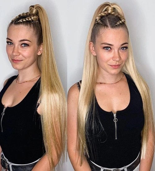 Festival hairstyles with bangs - image 7 Woman with festival hairstyle featuring bangs and braided accents