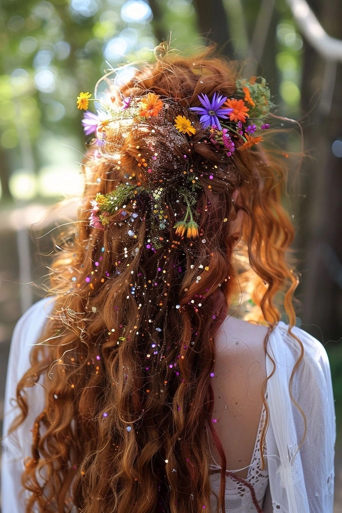 Beautiful festival hairstyle adorned with colorful flowers and soft waves