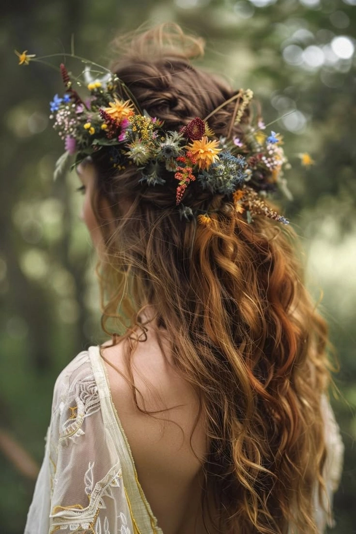 Creative festival hairstyle adorned with colorful flowers for summer music events