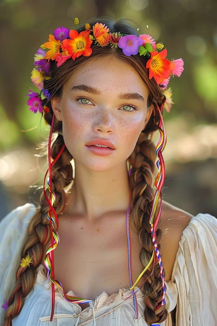 Blonde woman with a braided crown adorned with pink and yellow flowers at a summer festival