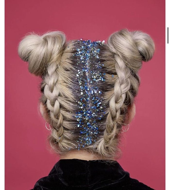 Bright festival hairstyle with shimmering glitter accents