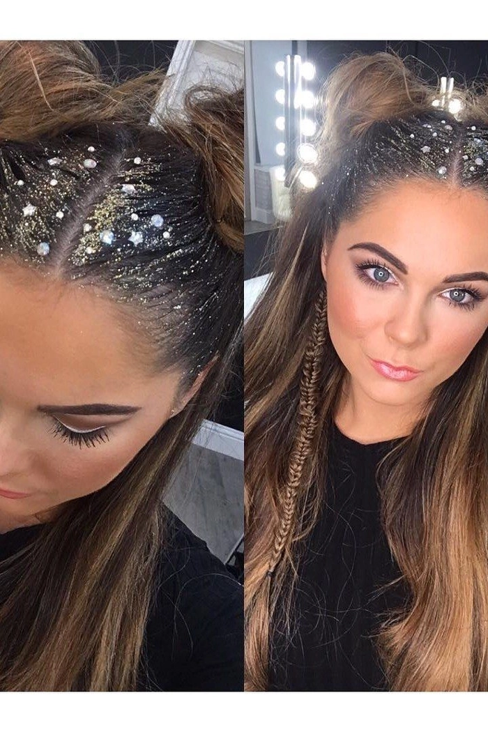 Glittering festival hairstyle with sparkly accents for a vibrant look