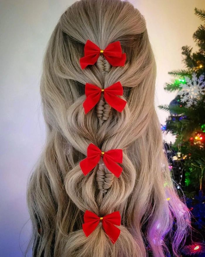 Festival hairstyle with colorful ribbons woven into braids