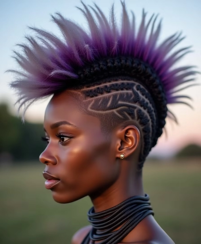 Bold festival mohawk hairstyle adorned with flowers and metallic accessories Festival mohawk hairstyle with bright rainbow colors and braided sides