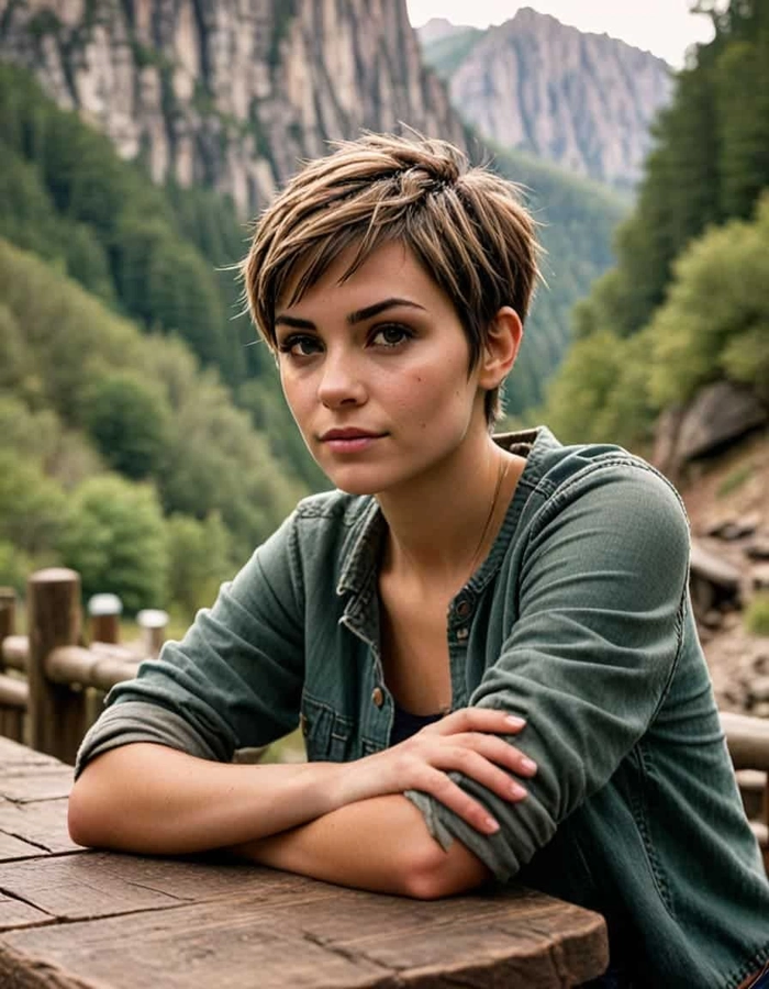 Festival pixie hairstyle featuring braided accent and sparkling accessories Short pixie cut with braided crown and glittery hair clips for a festival look