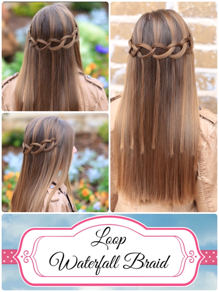 Festival Waterfall Braid Hairstyle Featuring Intricate Braiding and Blossoms A festival waterfall braid hairstyle with delicate flowers and flowing strands