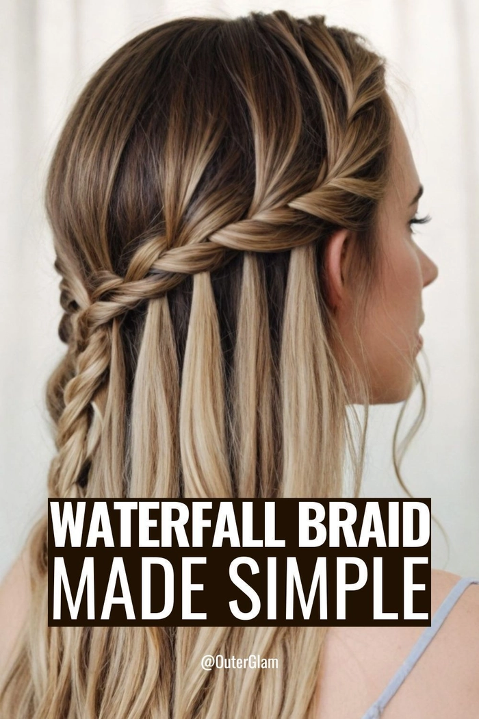 Festival waterfall braid hairstyle with bohemian floral details A woman with a festival waterfall braid hairstyle adorned with floral accents