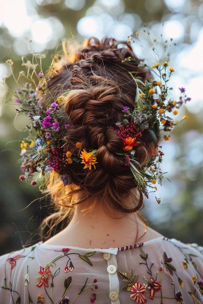 Festival hairstyle with natural elements for a woodland celebration Attractive forest festival hairstyle with braids and flowers