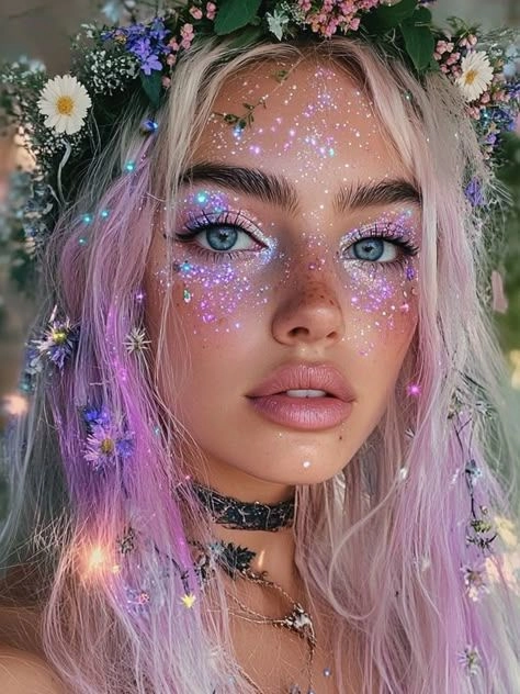 Woodland festival crown braid with wildflower accents for an earthy boho look A model showcases an intricate braided updo accented with forest greenery and blossoms