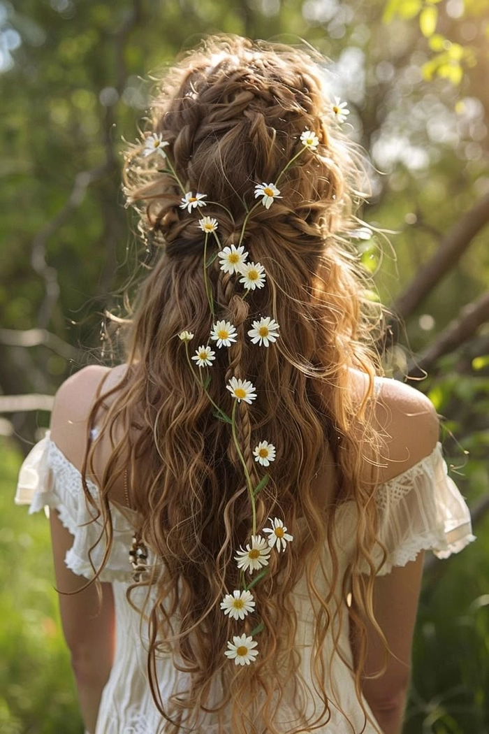 Forest Festival Hairstyle Idea 10 - Nature-Inspired Braided Updo with Floral Accents Elegant braided updo adorned with wildflowers and greenery for a forest festival look