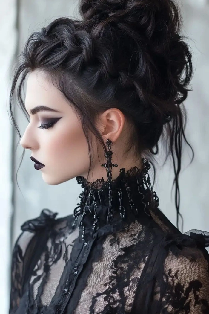 Edgy gothic festival hairstyle with teased black hair and silver accessories