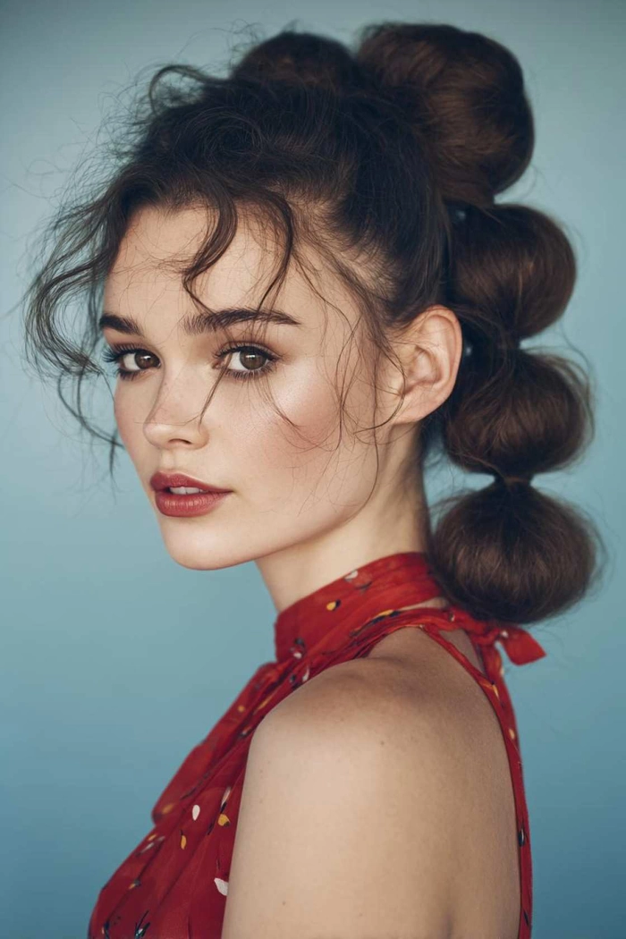 Updo braid style for hot weather festival with flowers