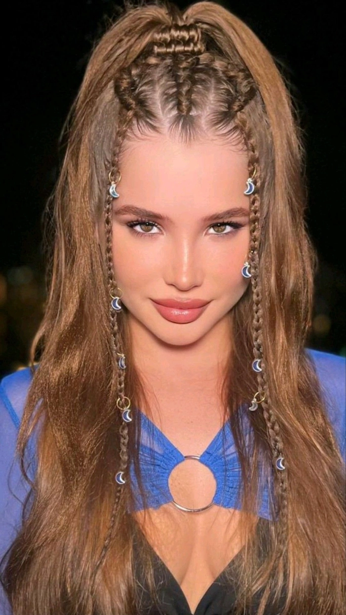 Vibrant rave hairstyle featuring colorful braids and shimmering hair gems at an outdoor festival Rave festival hairstyles with neon braids and glitter accessories for a bold party look