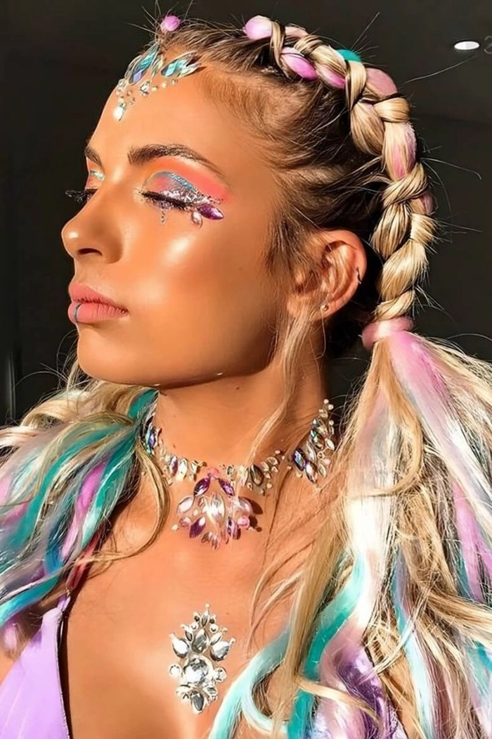 Minimal festival hairstyle with sleek braids and subtle floral accents